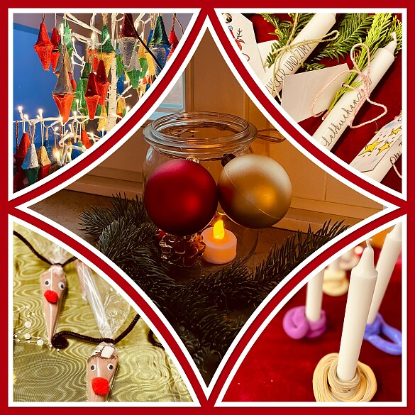Eine Photocollage zeigt Kerzen, gebastelte Anhänger und Adventsschmuck