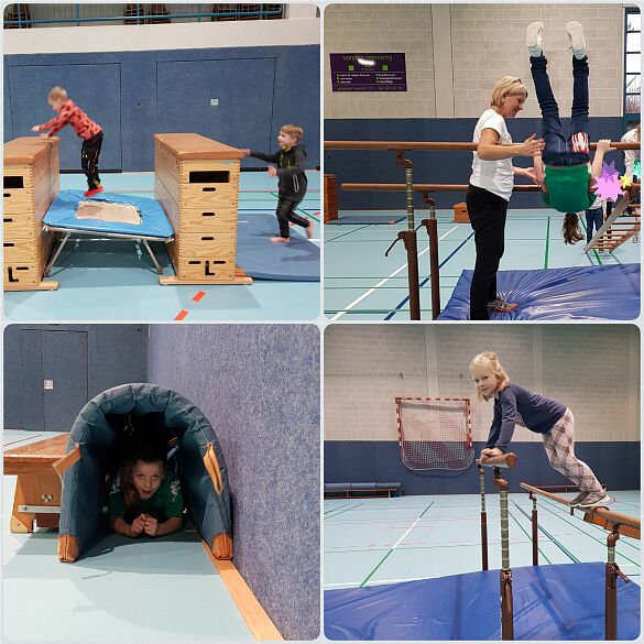 auf einer Fotocollage sind verschiedene Kinder mit Sportgeräten zu sehen. Eine erwachsene Person leistet Hilfestellung