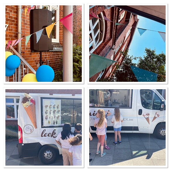 Eine Fotocollage zeigt Luftballons und eine Wimpelkette sowie einige Kinder, die hintereinander in der Warteschlange vom Eismobil anstehen 