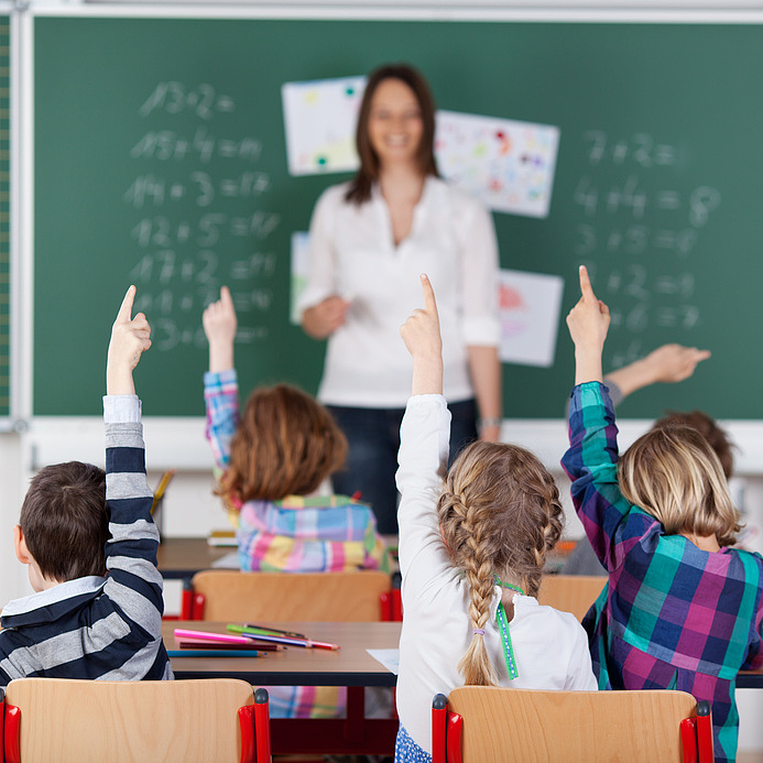 auf dem Foto ist im Hintergrund eine Person vor einer Tafel zu sehen und im Vordergrund fünf Kinder von hinten, die sich melden 