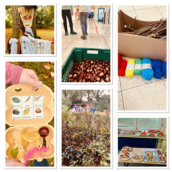 auf einer Photocollage sieht man verschiedene Motive. Eine Vogelscheuche, eine Kiste mit Kastanien, einen Karton mit Stöcken und bunter Wolle sowie einen Blick in den Schulgarten und auf ein Gemüse- und Obstbüffet