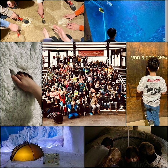 Eine Photocollage zeigt verschiedene Ausstellungsbereiche. Kinder haben ihre Hände im Sand, ein Kind steht vor einem Aquarium, ein Igluzelt steht in einer Eislandschaft sowie ein Gruppenfoto vieler unkenntlich gemachter Personen auf einer großen Treppe.