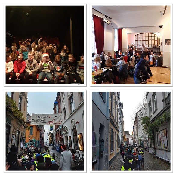 Auf einer Photocollage sind unkenntlich gemachte Kinder in den Räumlichkeiten von Mensch Puppe sowie auf dem Weg dorthin zu sehen.